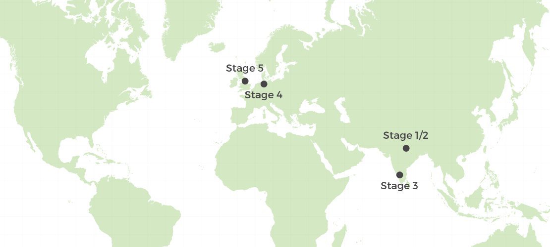 A map to show the worldwide supply chain used for our Fairtrade Organic t-shirts and clothing products. Starting with production in India, right through to the bulk t shirt printing and embroidery undertaken here in the UK.