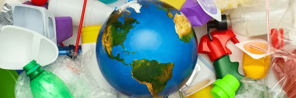 the earth surrounded by single-use plastic