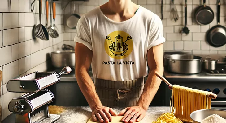 AI generated pasta restaurant and owner in branded T-shirt
