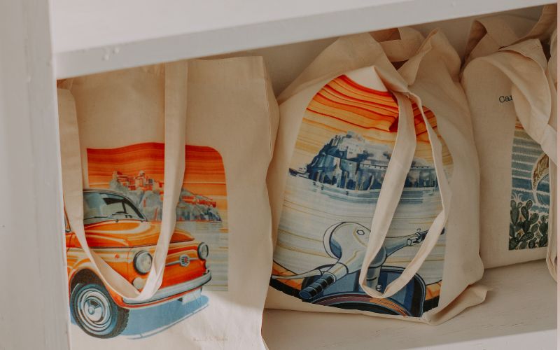 Tote bags being used as packaging.