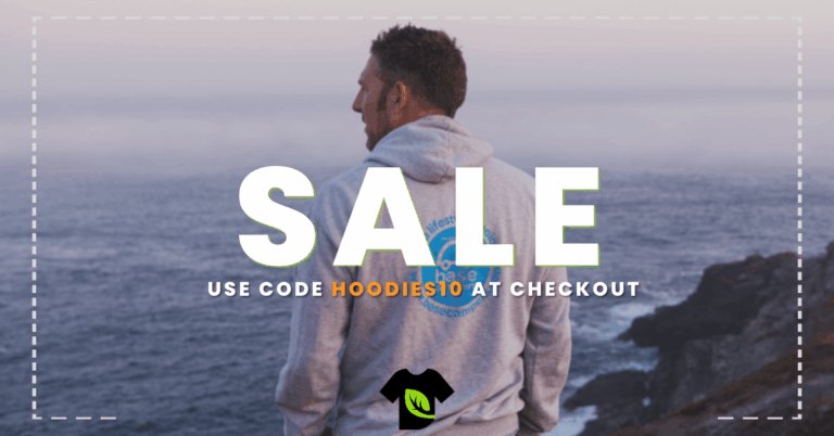 Man wearing a personalised hoodie with text stating to add hoodies10 at the checkout for a discount