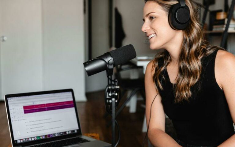 Girl recording a podcast.
